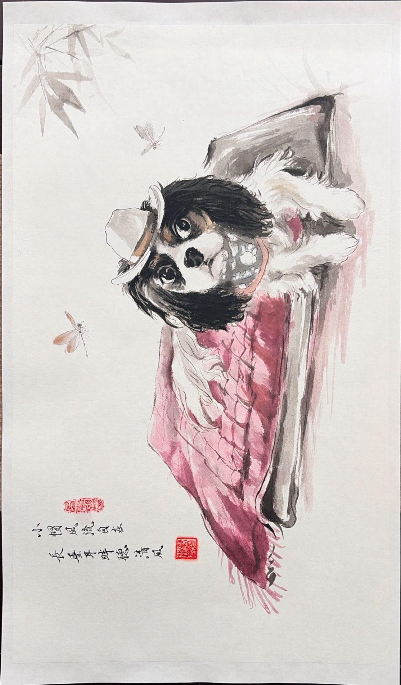 Delivered original portrait of a small dog in a hat beside a pink quilt