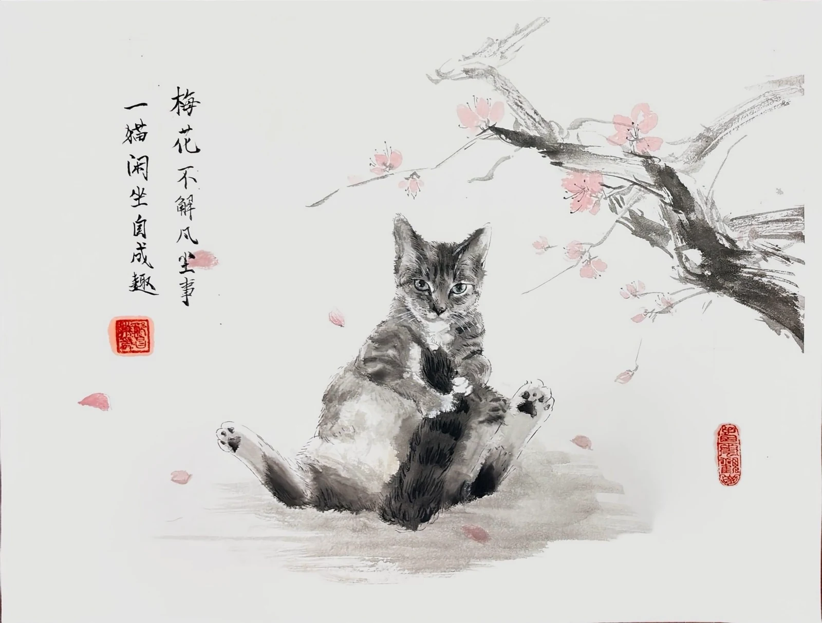 Delivered original portrait of a playful tabby cat among spring blossoms