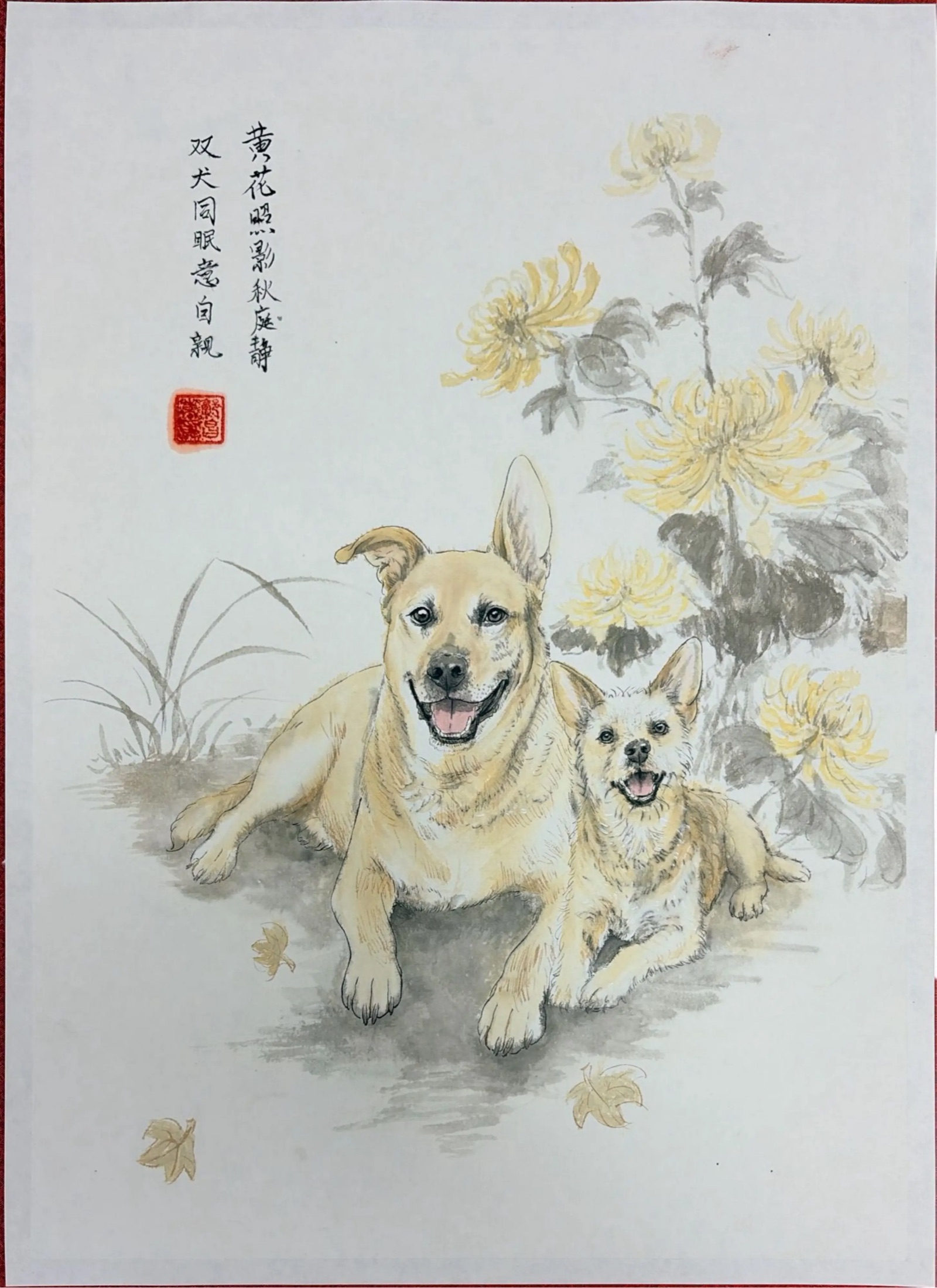 Delivered original portrait of two dogs among autumn chrysanthemums