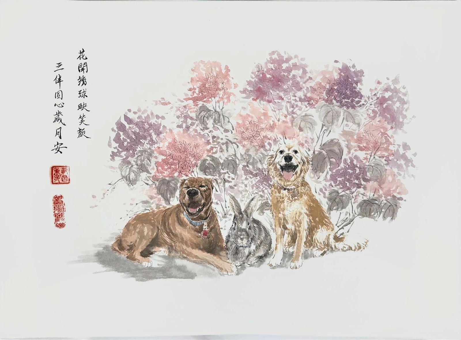Delivered original portrait of three dogs beneath pink flowering branches